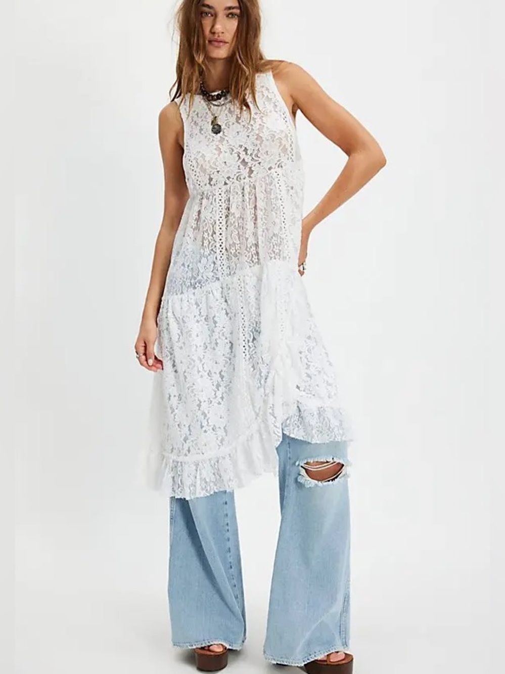 Free People Felicia Maxi Top Ivory Lace Ruffle Boho Festival Cottagecore XS New